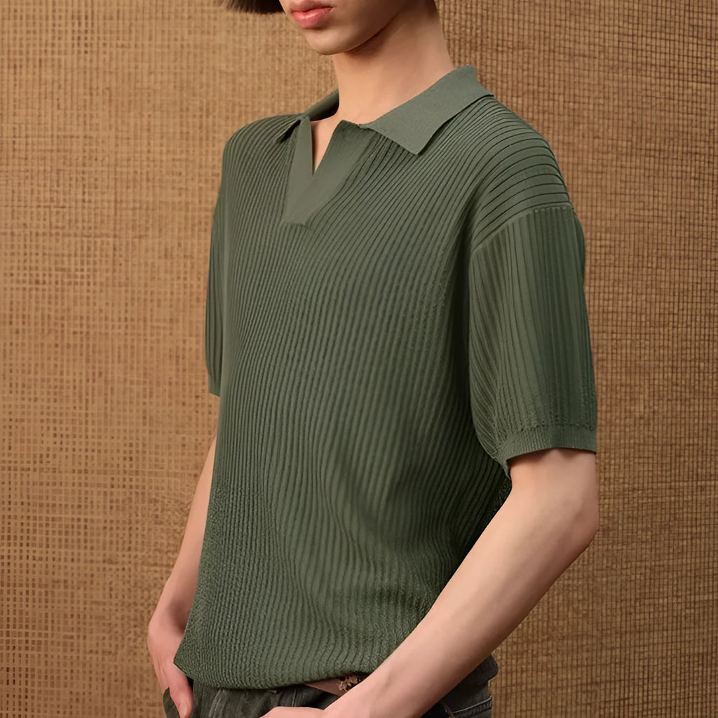 Men's striped polo shirt in ice silk fabric showing loose fit and short sleeves in creamy-white colour