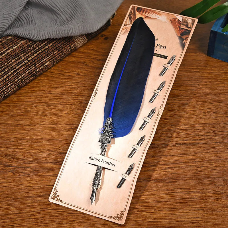 Vintage feather dip pen in 10 colours with zinc alloy construction and 30cm length