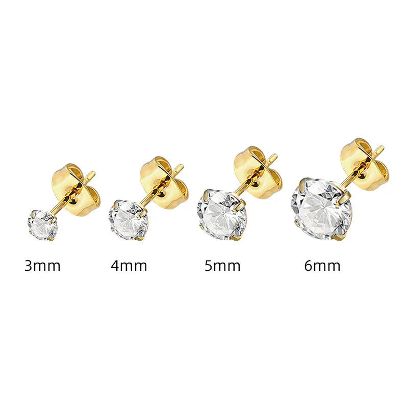 Stainless steel stud earrings with a square geometric zircon stone in a gold colour setting.