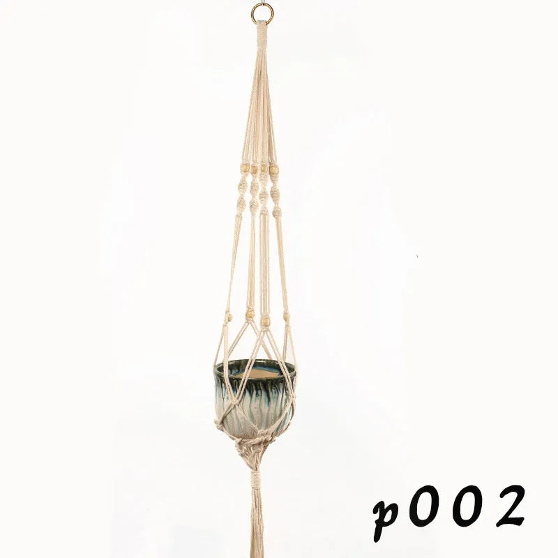 Woven wire plant basket with cotton rope, shown as a desktop planter and wall hanging style.