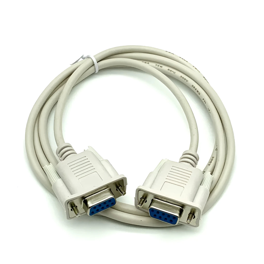 Milky white female to female RS232 serial cable with DB9 connectors measuring 1.5 metres