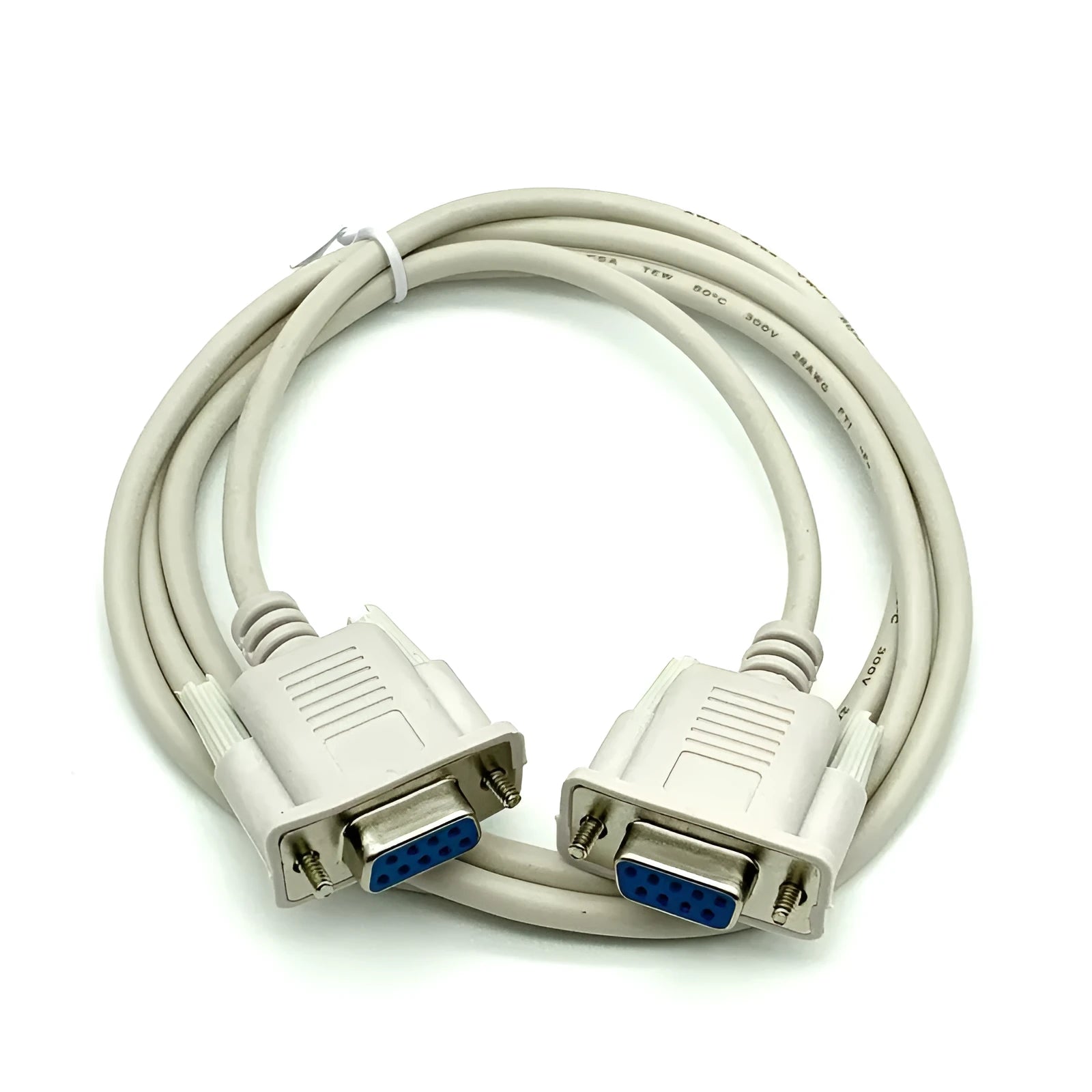 Milky white female to female RS232 serial cable with DB9 connectors measuring 1.5 metres