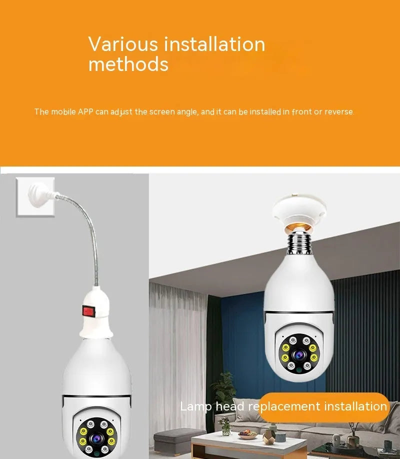 White wireless bulb security camera with lens, shown next to a ruler indicating 5cm width and 12cm height.