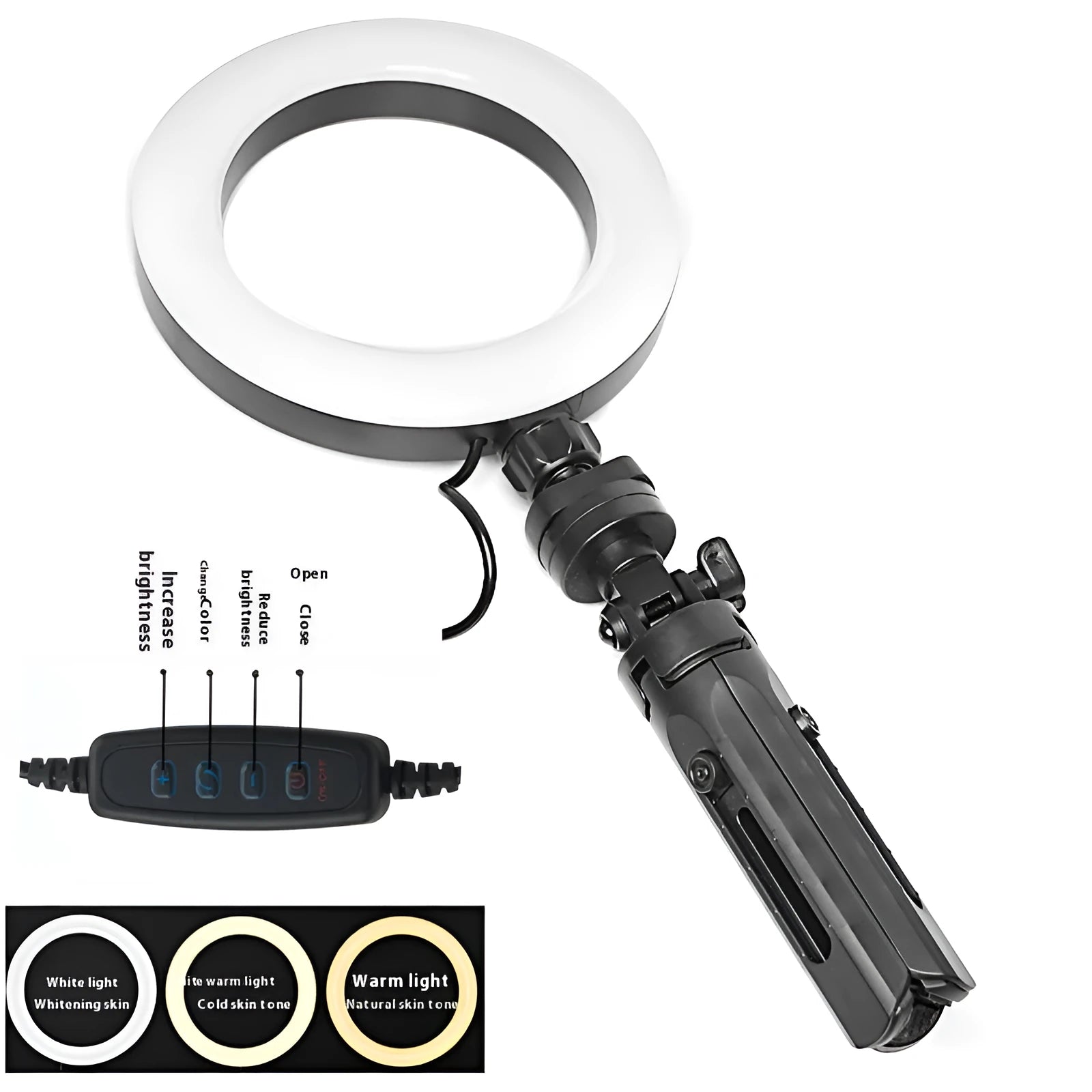 Black universal mobile phone selfie bracket with adjustable colour fill light on a desktop tripod.