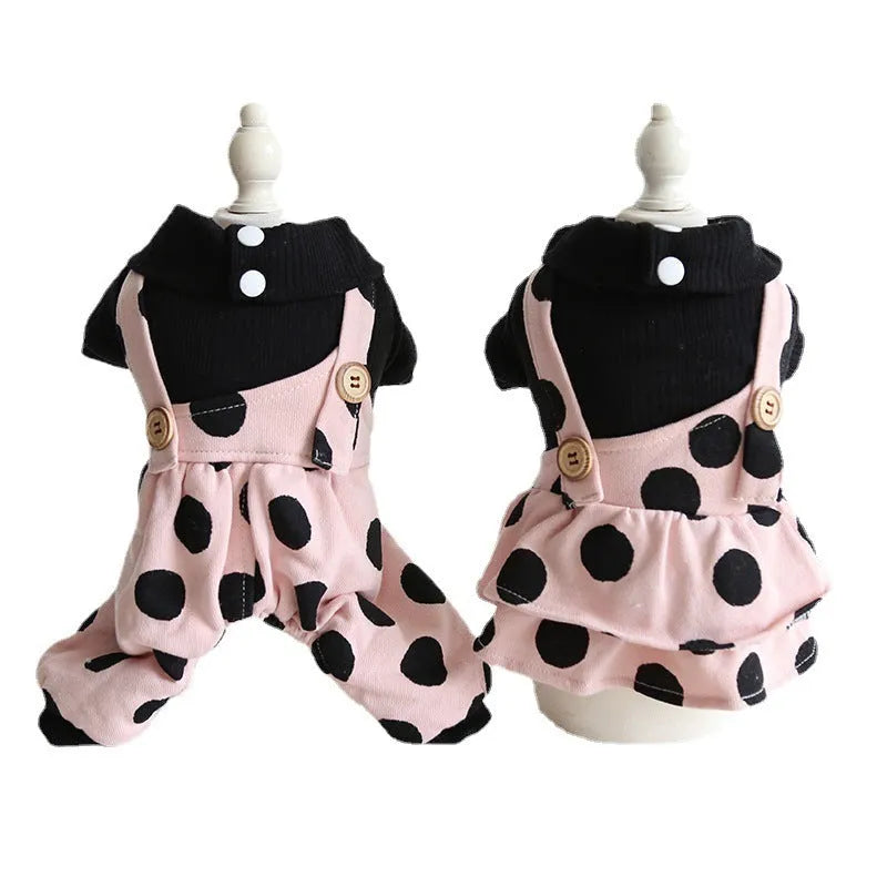 Adjustable shoulder strap dog clothing in cloth fabric with pant and skirt style options