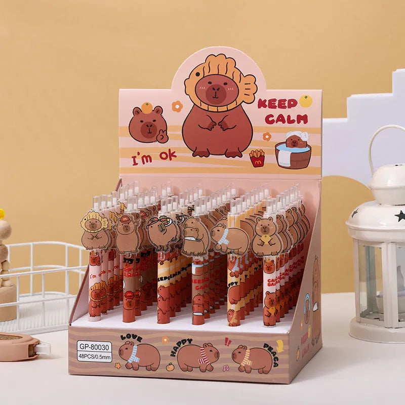 48 cartoon bear design gel pens with plastic shells and carbon black ink in box packaging