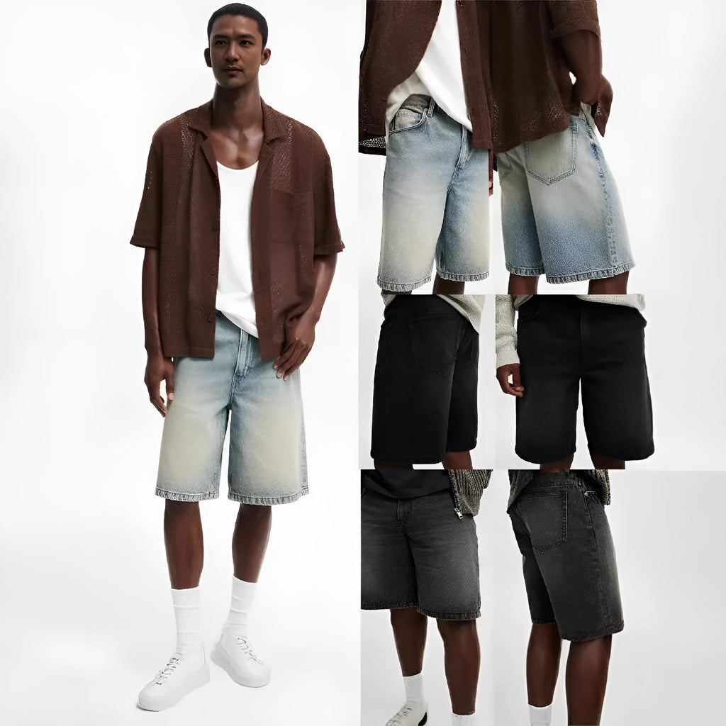 Men's loose fit straight leg jeans in light blue cotton denim for summer streetwear