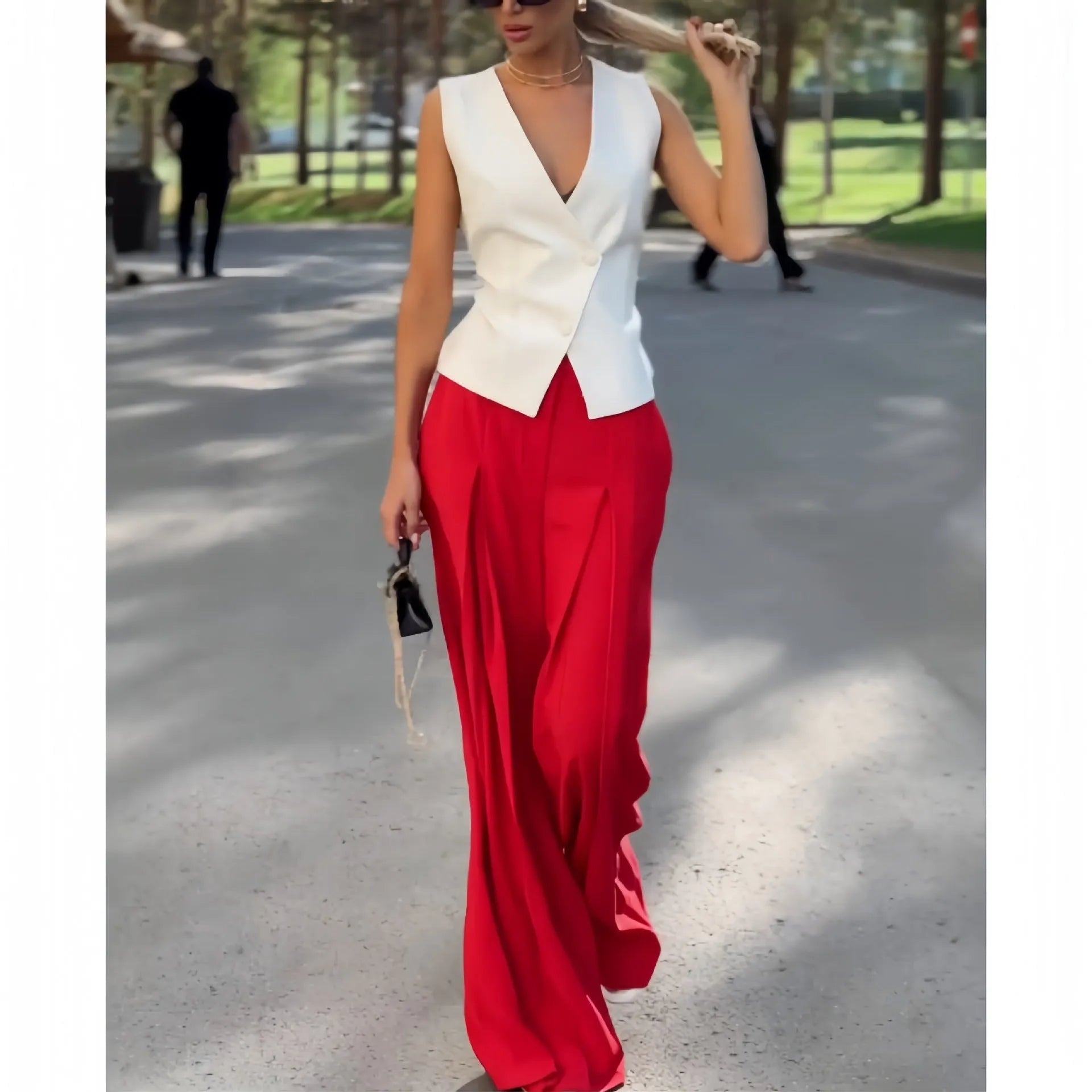 Women's beige deep V-neck sleeveless top with matching high-waist wide-leg trousers two-piece set