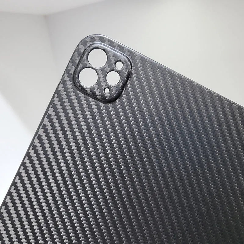 Real carbon fibre hard protective case for Apple iPad Pro 11 tablet in a flat design.