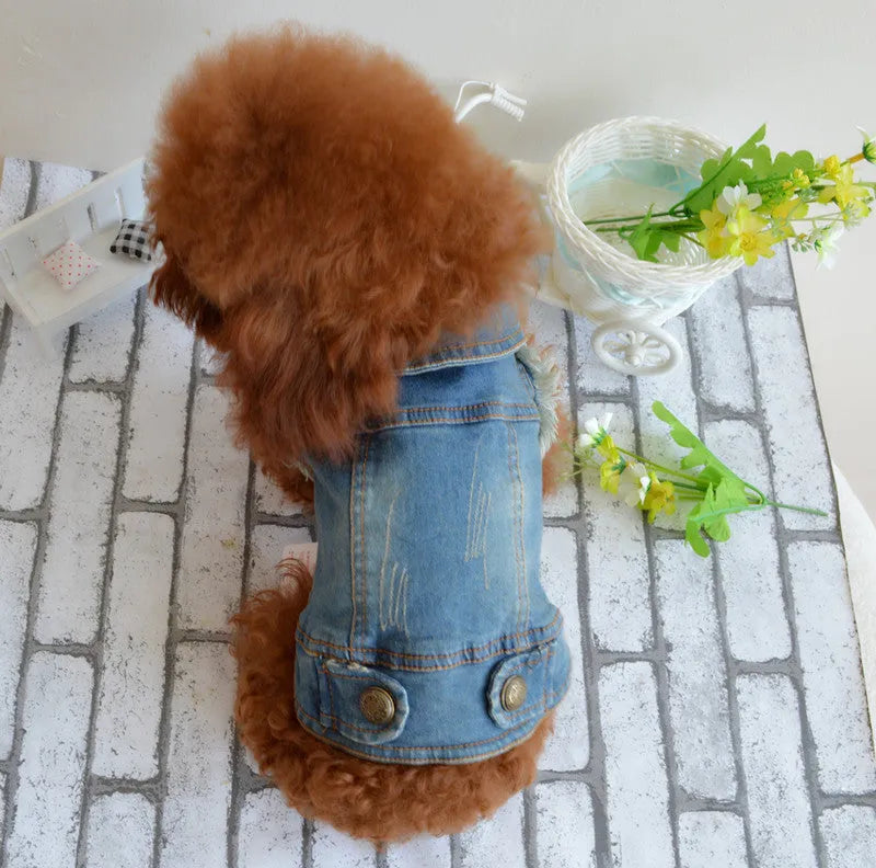 Denim pet dog vest with retro scratch pattern in dark and light colours for small breeds