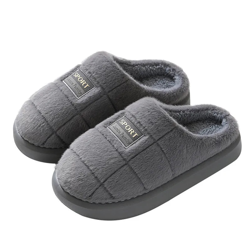 Men's grey and brown plaid rabbit hair winter slippers with artificial wool lining and EVA sole
