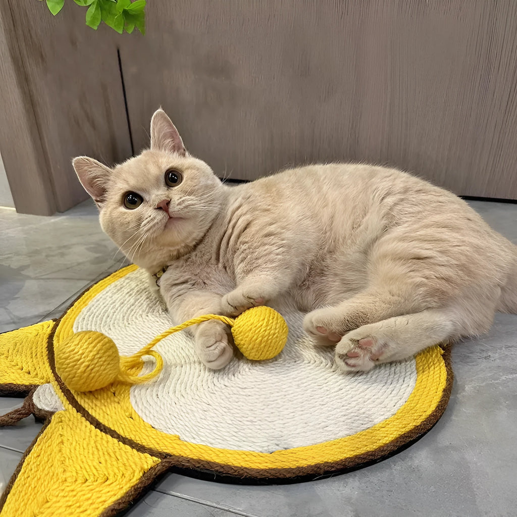 Yellow corgi-themed cat scratching board with sisal surface and anti-slip base measuring 37 by 40 centimetres
