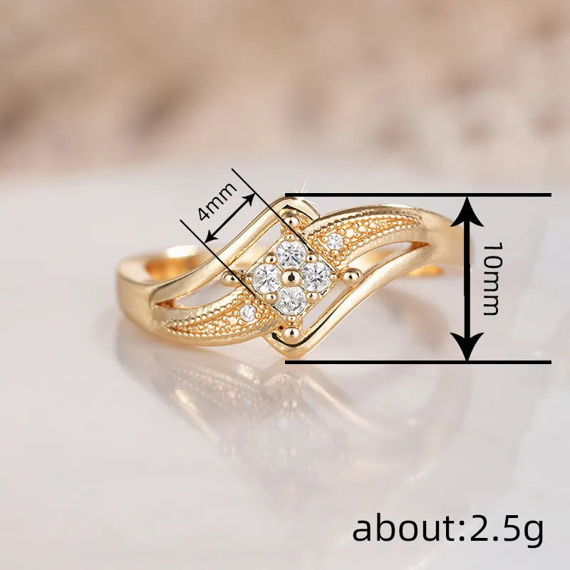 Yellow gold coloured copper diamond ring with geometric design and micro inlaid zircon detailing
