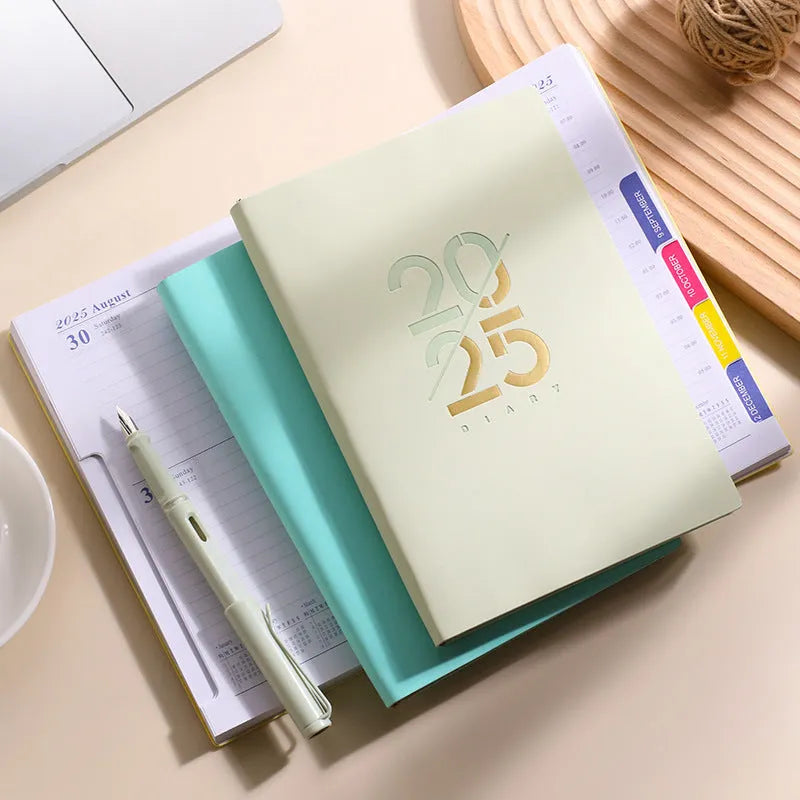 A5 2025 daily planner schedule book with faux leather cover shown in blue colour option