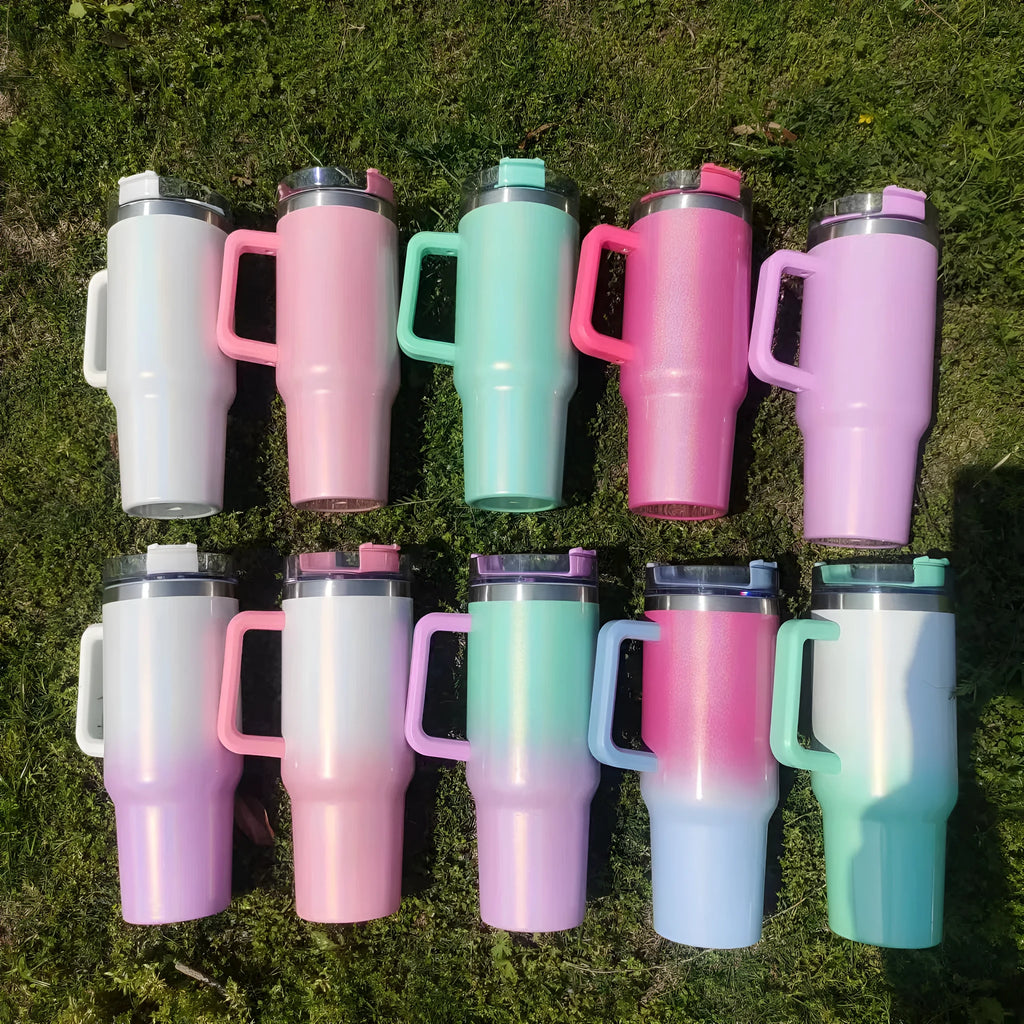 Large stainless steel vacuum insulation cup with rainbow gradient colours showing 27.5cm height