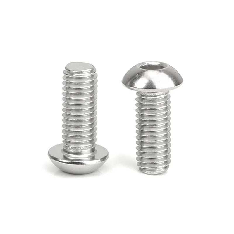 Stainless steel half round head hexagon screw with whitewashed finish showing semicircular head design