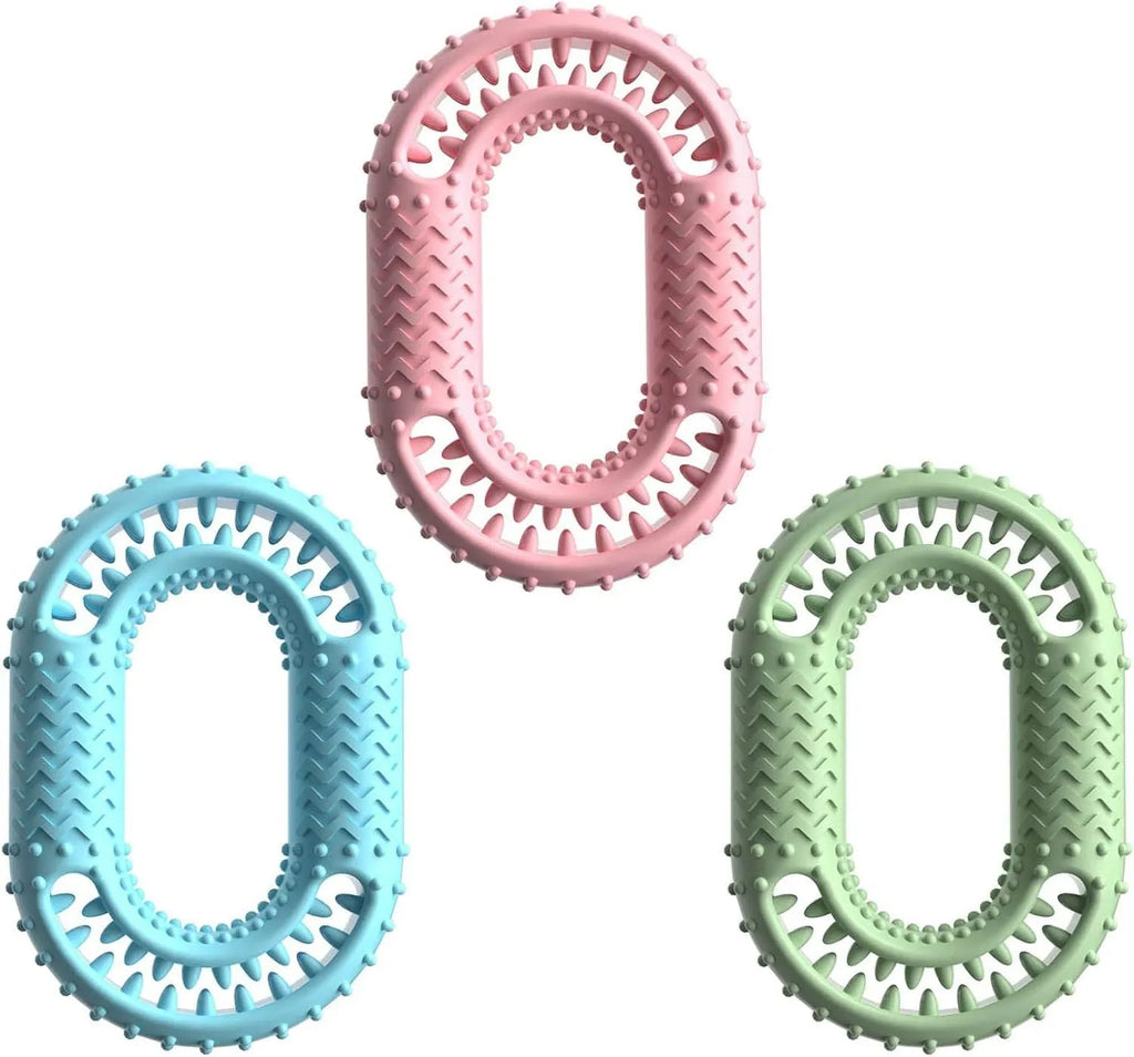 O-ring shape dog chew toy for aggressive chewers in blue, green, or pink colours
