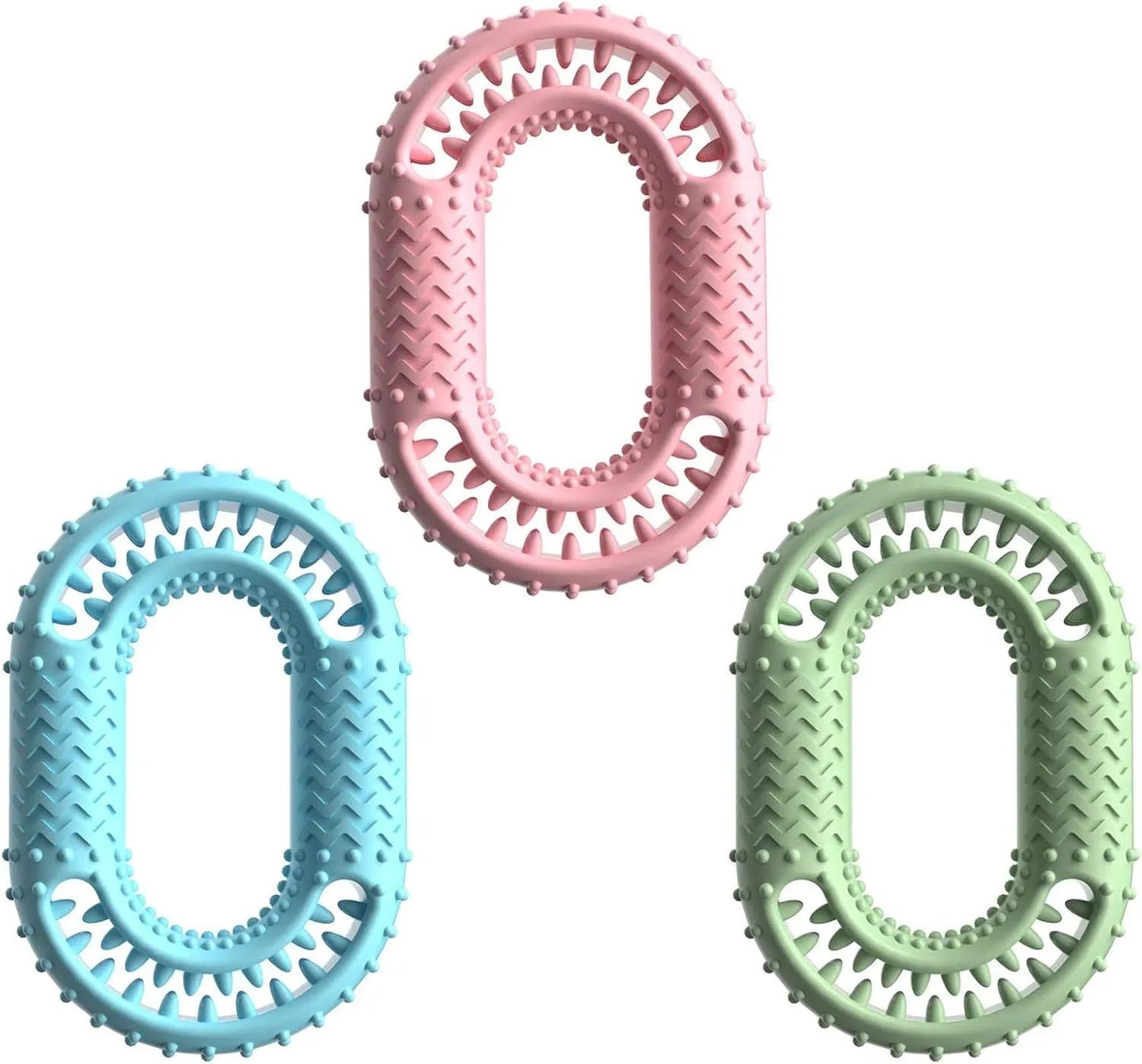 O-ring shape dog chew toy for aggressive chewers in blue, green, or pink colours