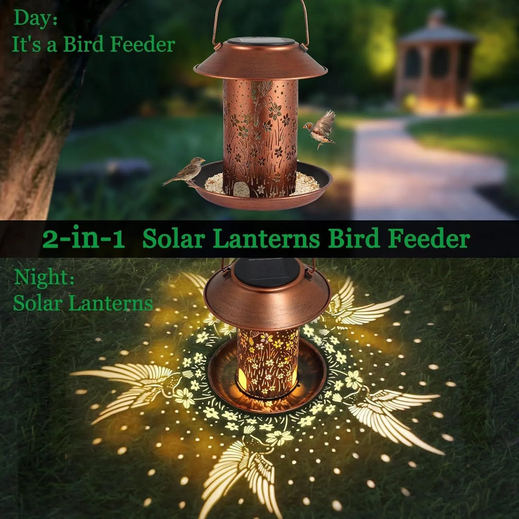 Solar-powered iron art bird feeder lamp in hummingbird pattern with waterproof outdoor construction