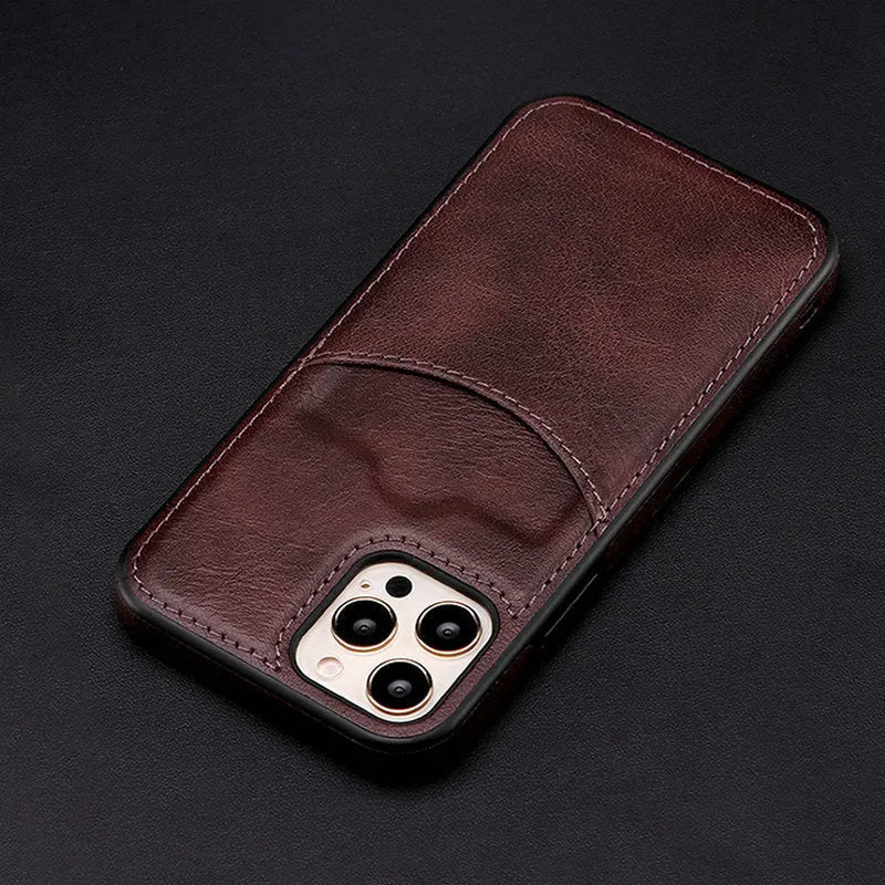 Dark blue PU leather protective case for iPhone, shown from the back.