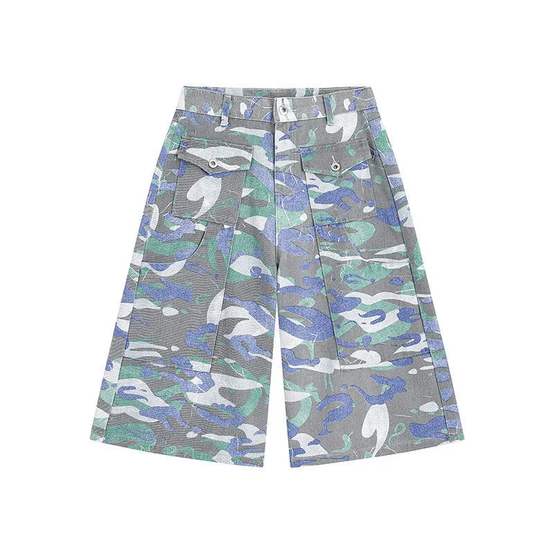 Denim camouflage cropped trousers with straight leg and front pocket workwear design