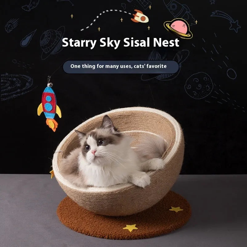 Large integrated cat scratching basin and nest with sisal rope scratching surface and flannel lining in starlight colour