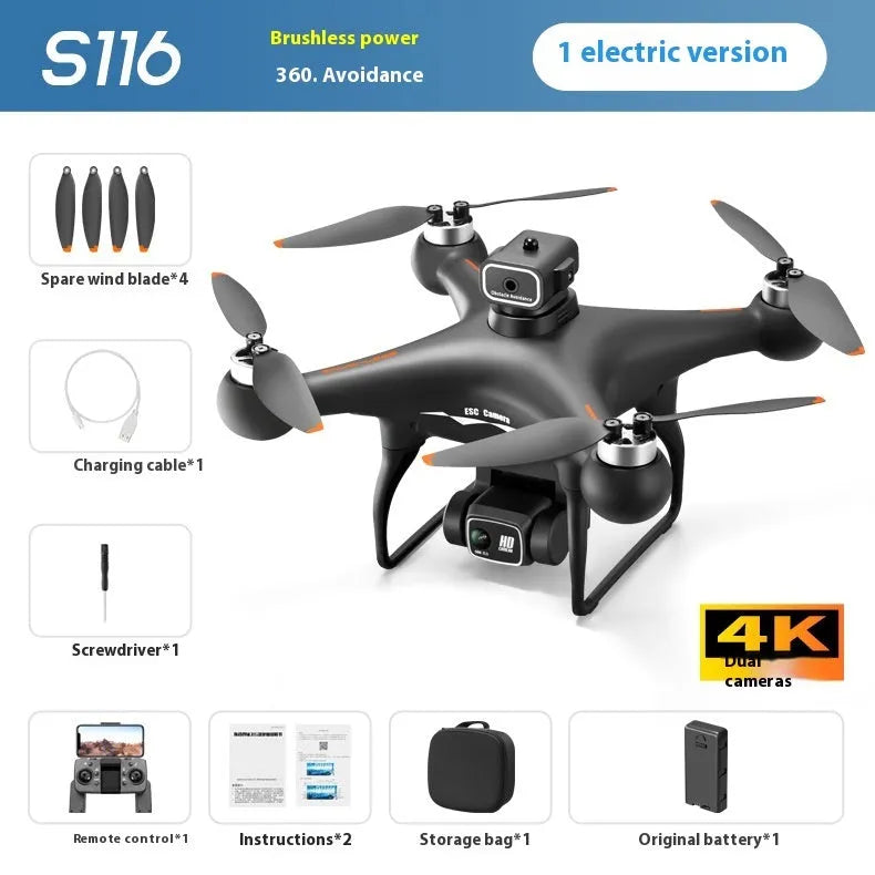 Black HD brushless UAV drone with four-side obstacle avoidance and camera, remote control beside it