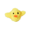 Yellow chick-shaped flapping duck cat toy with plush fabric on a floor.