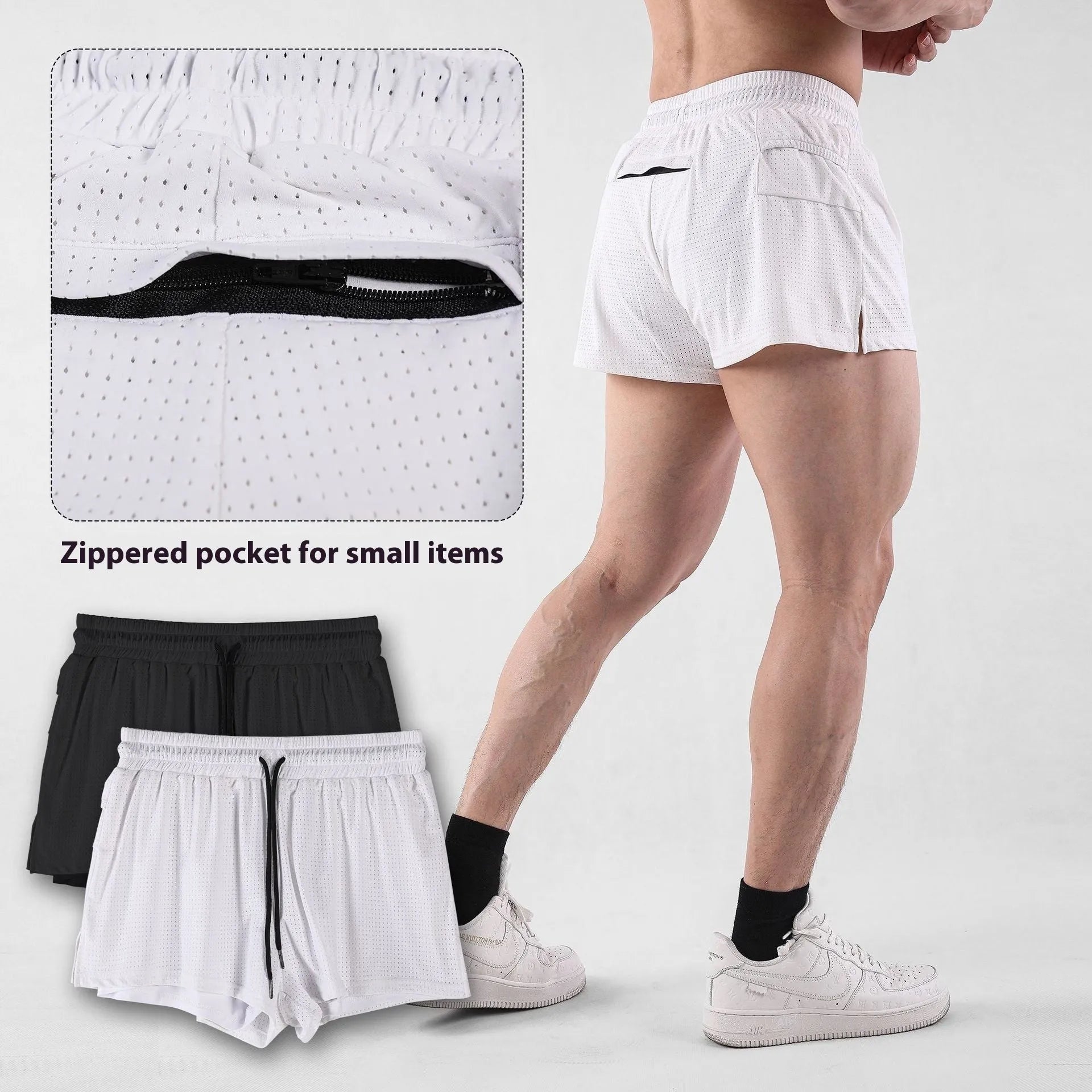 Men's quick-dry nylon summer shorts in black and white colour options