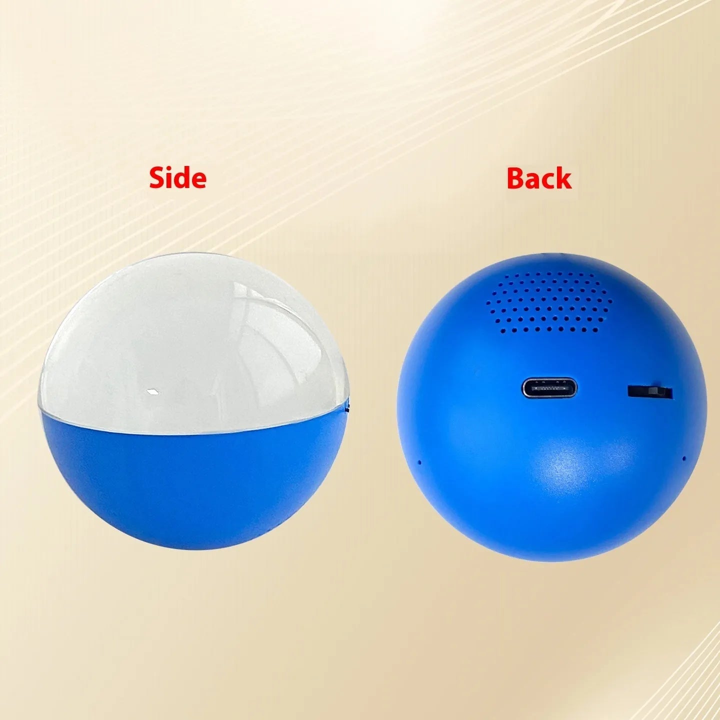 Small round electronic ball video player with dial control on a coloured plastic shell.