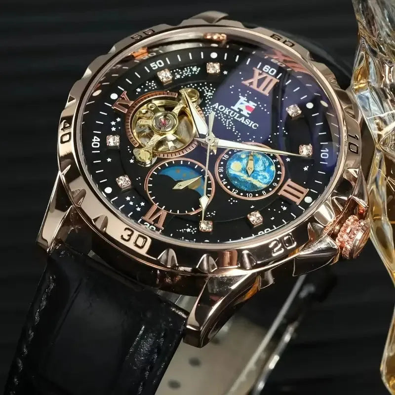 Men's black and rose gold automatic mechanical watch with transparent case back and genuine leather strap