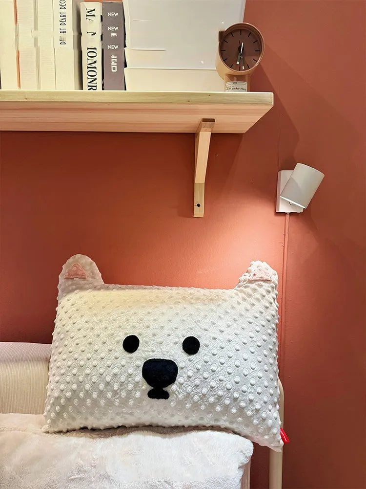 Grey schnauzer design dog pillow cushion on a sofa, showing soft fabric and 50 cm width.