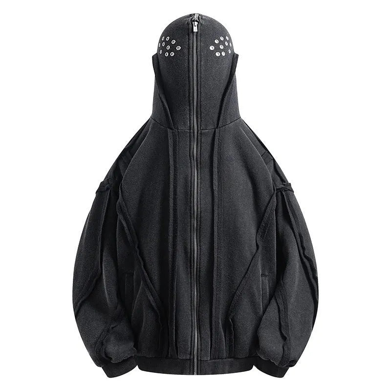 Black cotton hooded coat with zip front, abstract pattern and loose fit