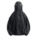 Black cotton hooded coat with zip front, abstract pattern and loose fit