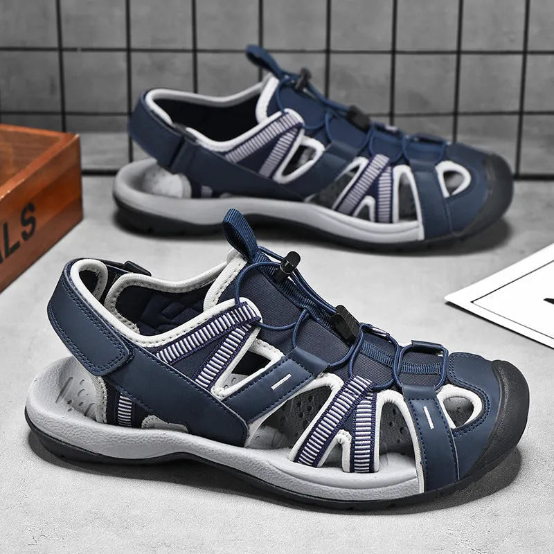Men's blue summer sports shoes with mesh upper and Velcro fastening displayed on white background