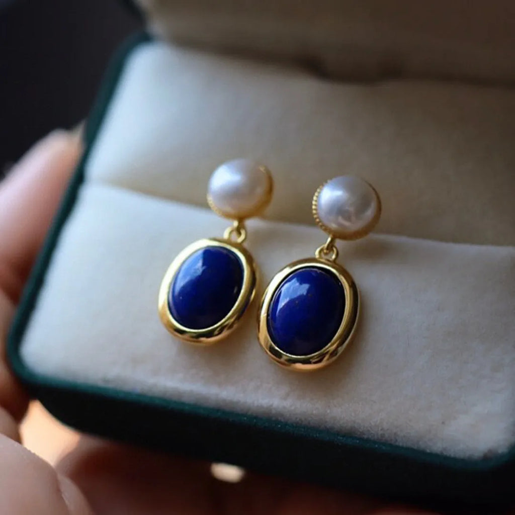 Lapis lazuli pearl earrings in 925 silver with auspicious patterns and post back fittings