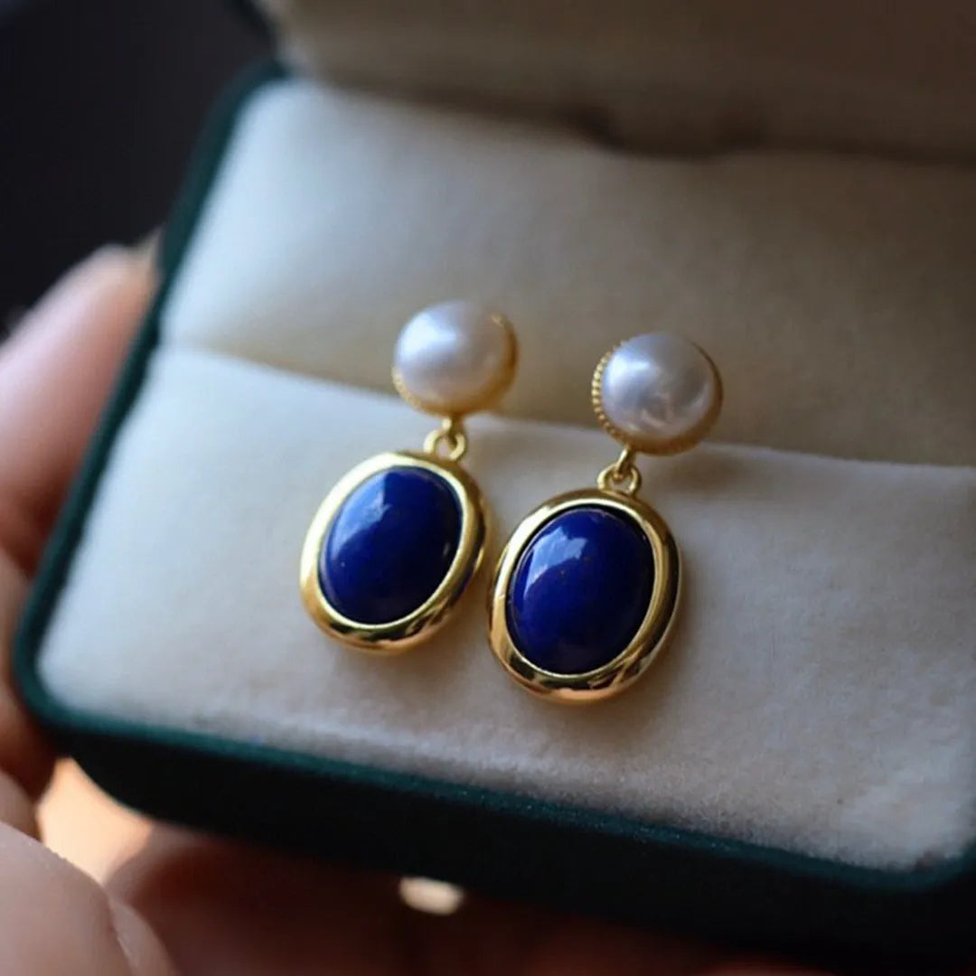 Lapis lazuli pearl earrings in 925 silver with auspicious patterns and post back fittings