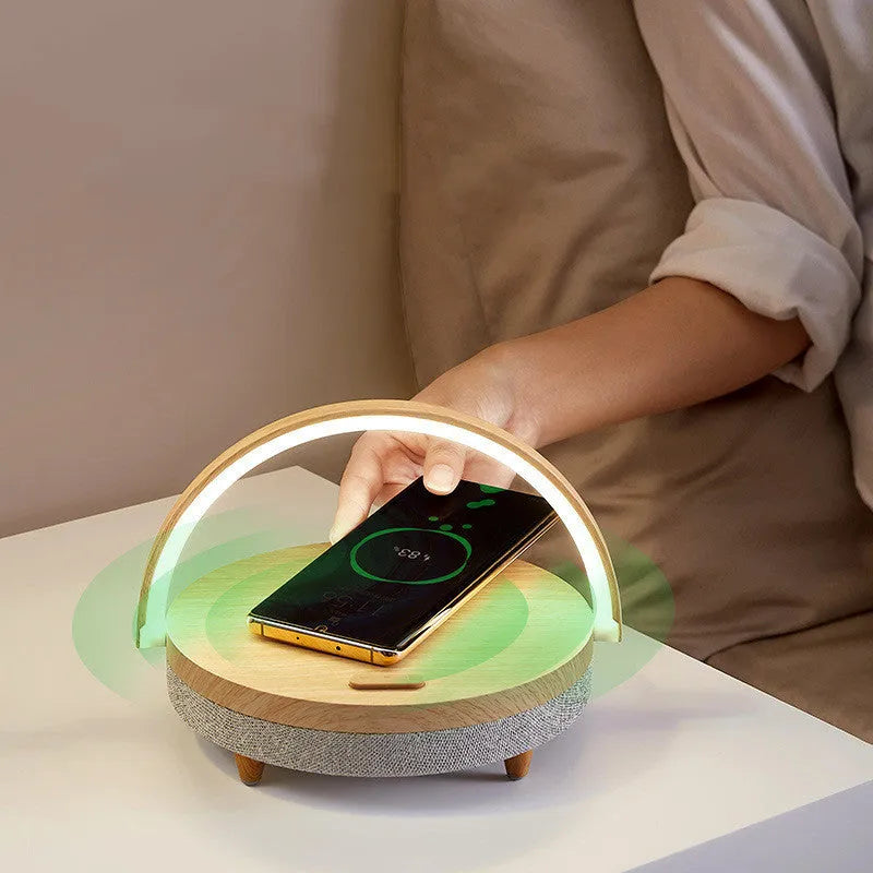 Wireless charging LED night light with Bluetooth speaker and phone holder in marble pattern finish