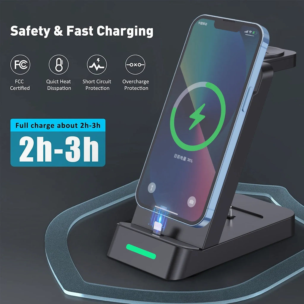 Black 3-in-1 wireless charging station for phone, Apple Watch, and AirPods on a desk