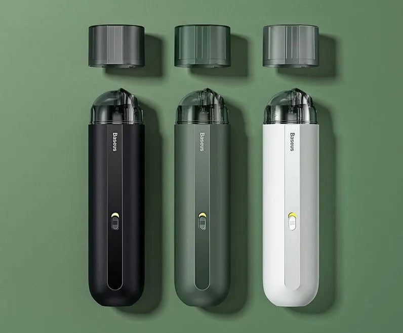 BASEUS wireless handheld car vacuum cleaner in black, white, or green, showing compact size and blowing hose attachment.