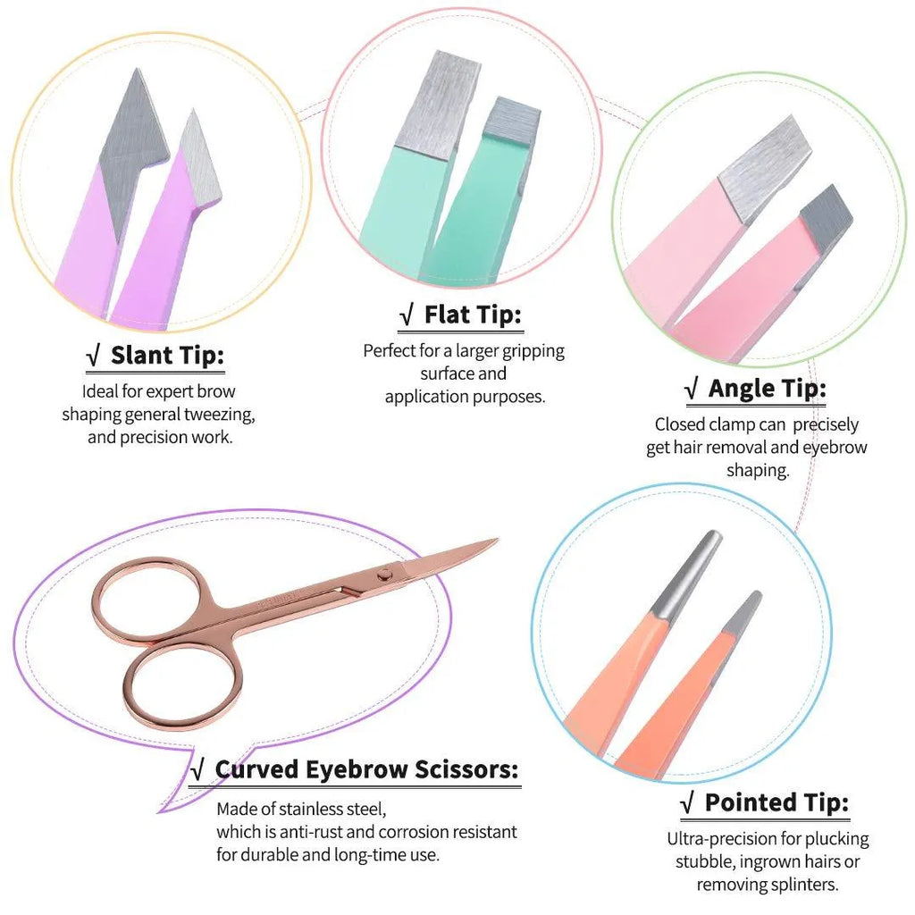 Professional six-piece stainless steel eyebrow tweezer set with curved scissors and brush in a leather case