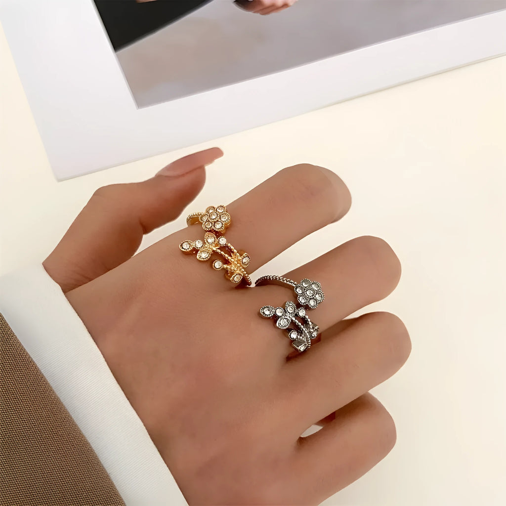 Women's open ring with diamond treatment flower leaves design in gold or white colour
