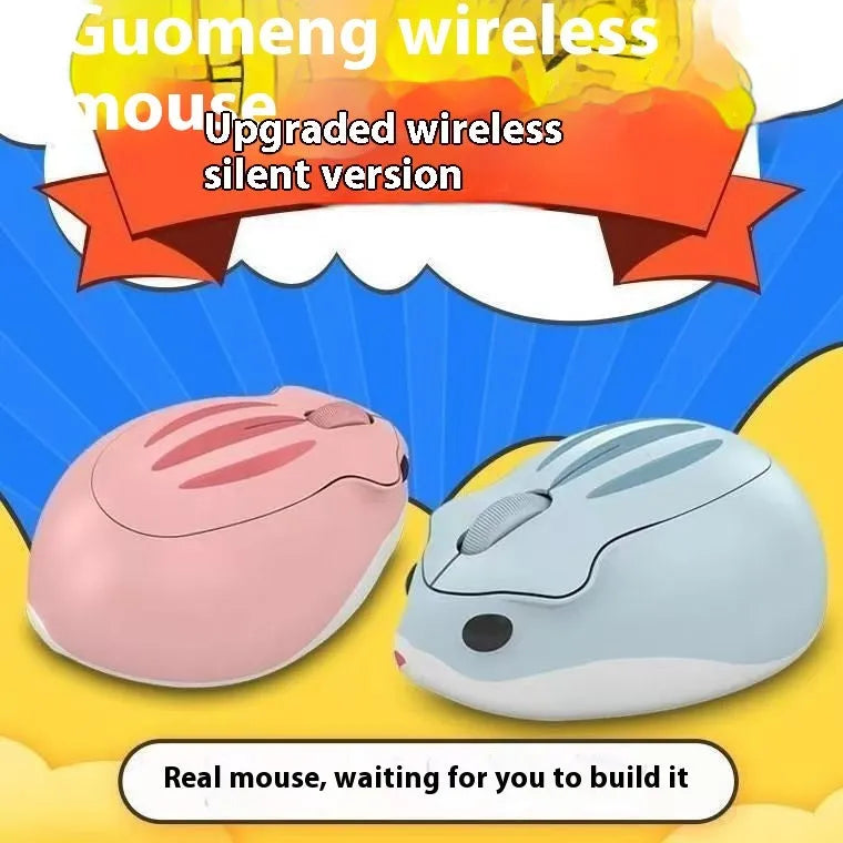 Hamster Wireless Bluetooth Silent Mouse in grey, pink, and yellow colour options shown on a desk.