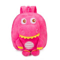 Dinosaur plush backpack for children in blue with embroidered design and soft handle