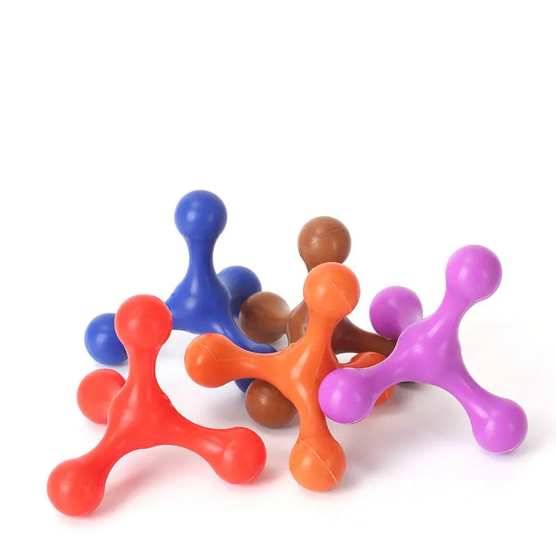 Three-legged silicone chew toy for puppies in blue, green, purple, red colours
