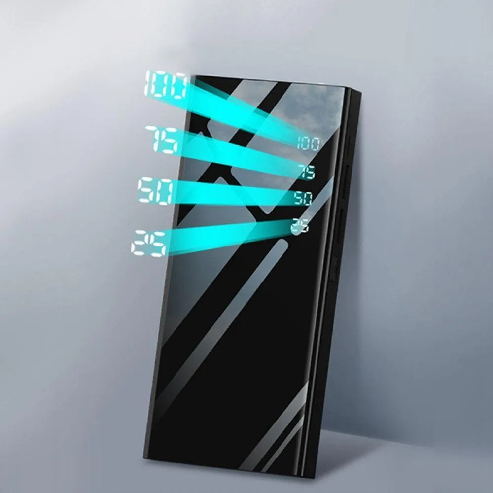 Black 20000mAh portable power bank with LCD screen and dual USB ports on a white background.