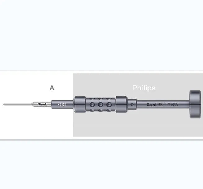 Precision screwdriver with grenade-shaped aluminium handle and five interchangeable heads for iPhone repair