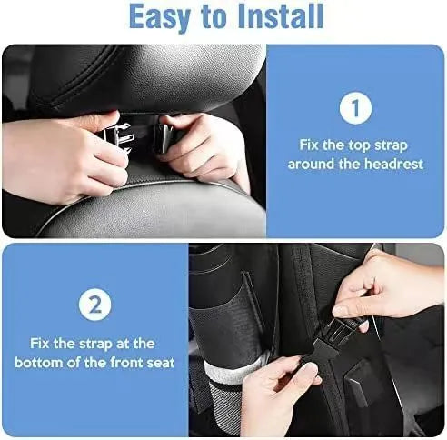 Black Oxford cloth car seat back hanging organiser bag measuring 42x30cm