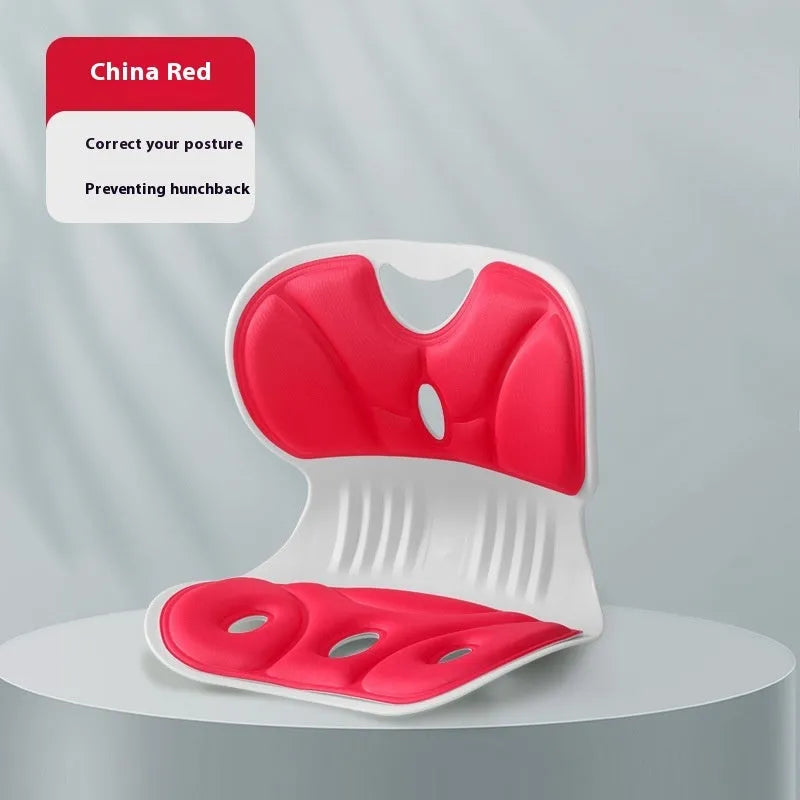 Minimalist solid colour memory foam chair backrest cushion shown in grey and ankela red.