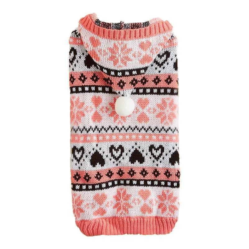 Pink striped camouflage dog sweater with snowflake design on a Bichon dog